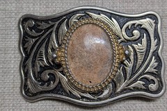 vintage STONE belt buckle FOSSIL cobochon HAND POLISHED coral WESTERN cowboy