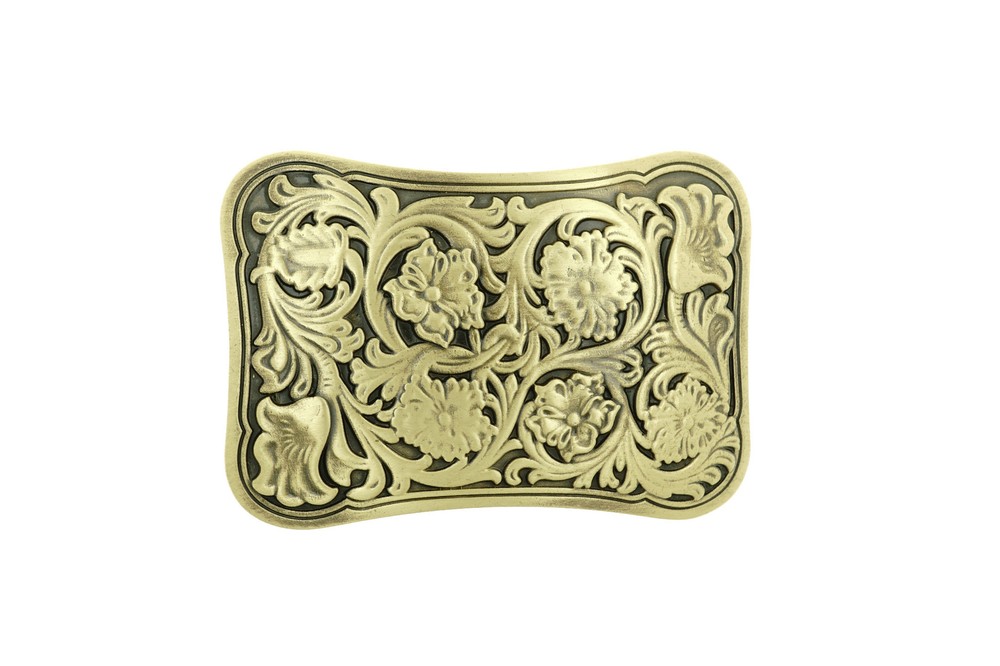 Western Flower Southwest Patterns Rectangle Solid Brass Metal Belt Buckle