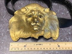 CHRISTOPHER ROSS LION HEAD 1984 GLASS EYES BUCKLE & BLACK BELT 24kt GOLD PLATED