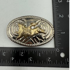 Vintage Western Bull Riding Belt Buckle Silver Gold Tone Rodeo Cowboy Oval 3.5&Prime;