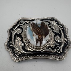 Vintage Western Horse Portrait Belt Buckle Silver Tone Floral Scrollwork Cowboy