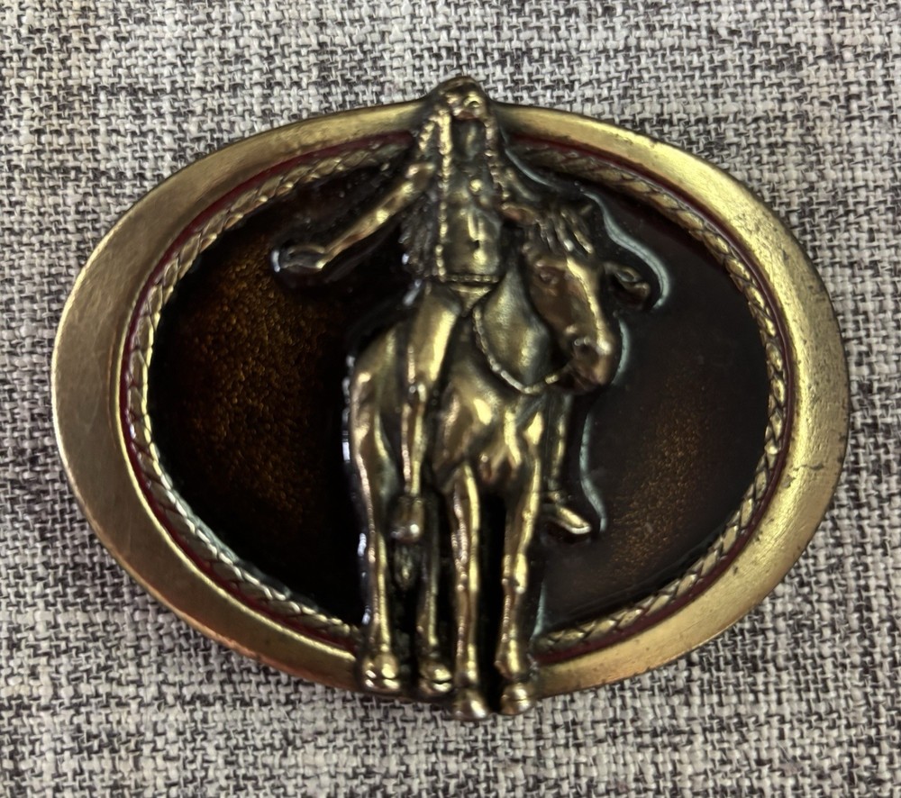 Men’s Belt Buckle 1982 Native American Man On Horse Brass Enamel Gold Brown