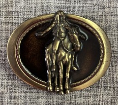 Men’s Belt Buckle 1982 Native American Man On Horse Brass Enamel Gold Brown
