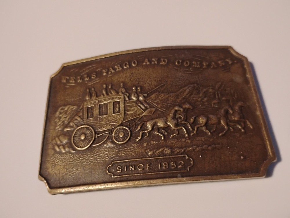 Vintage Wells Fargo and Company 1852 Stage Coach Rectangular Brass Belt Buckle