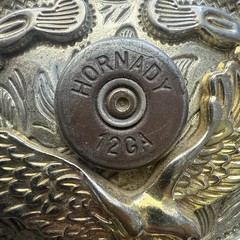 VINTAGE AMERICAN EAGLE BELT BUCKLE WITH HORNADY 12 AND 2 S&W 40 SHELLS