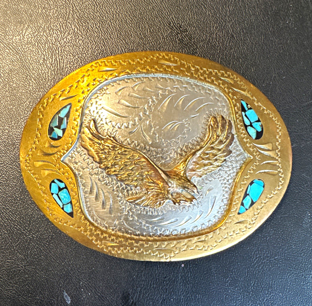 Western Eagle Oval Belt Buckle Gold/Silver Tone Turquoise Accents