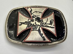 Maltese Iron Cross with Skull Cutout Black Enamel Gothic Punk Vibe Belt Buckle