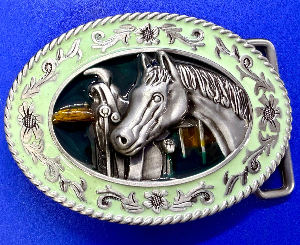 Horse Head and Saddle Enamel Rodeo Cowboys Cowgirls Dimensional Belt Buckle