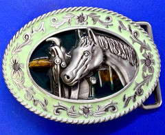 Horse Head and Saddle Enamel Rodeo Cowboys Cowgirls Dimensional Belt Buckle