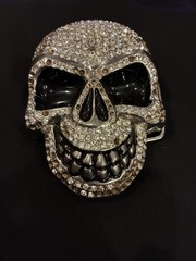 Heavy Rhinestone Skull Belt Buckle Silver Tone Black Enamel Gothic Punk