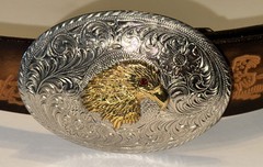 Tooled Leather Belt Size 30 Duck Hunting Crumrine Bronze Eagle Eye Gem Buckle
