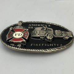 AMERICA&rsquo;S BRAVEST FIRE FIGHTER Belt Buckle 1986 FD Fire Truck Black Red Enamel