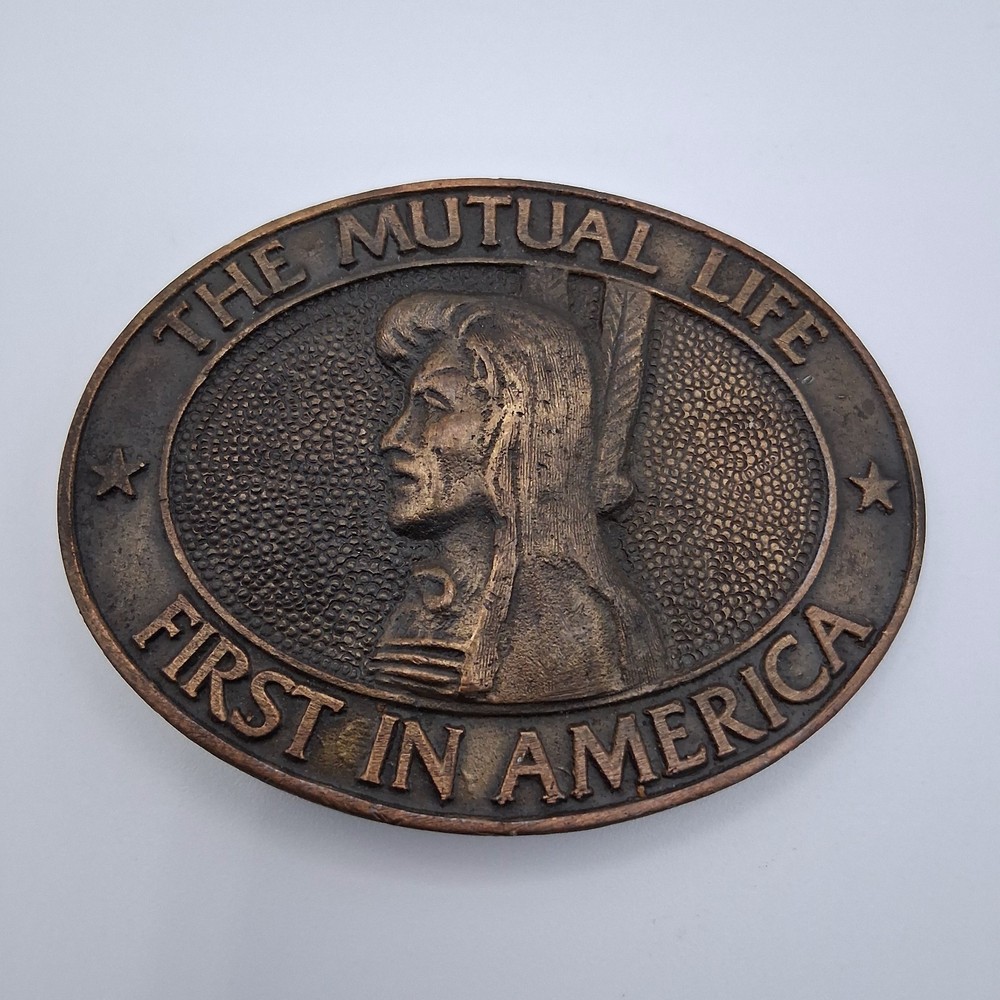 Vintage The Mutual Life First in America Insurance Advertising Metal Belt Buckle