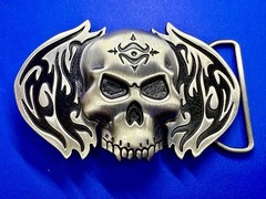 Skull with Flames Cutout Silver & Black Color Silver Moon Creations Belt Buckle