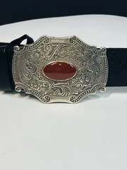 Womens Linea Pelle Black Leather Belt with Floral Buckle Large