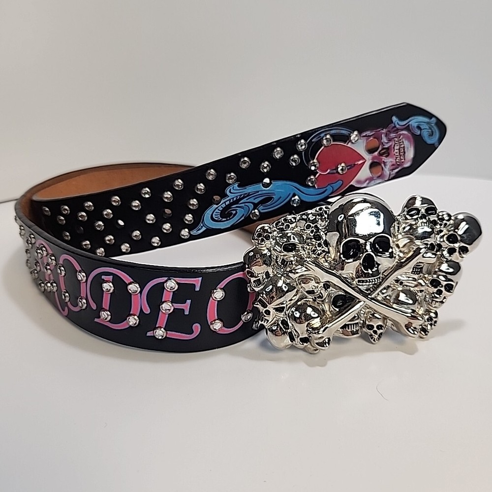 Genuine Leather 3D painted Belt Studs W/ Pile of Skulls Belt Buckle 36&Prime; Grunge