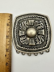 VTG Western Belt Buckle Ornate Silver Aztec Mexican Style EUC Heavy