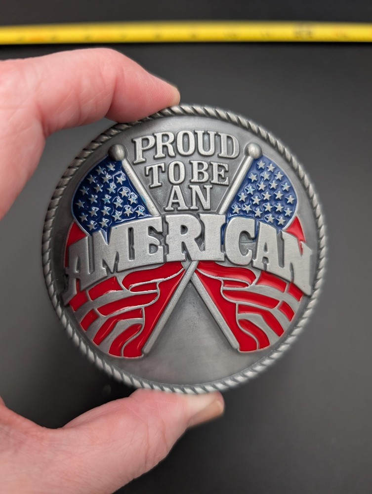 Proud To Be An American Flag Belt Buckle Patriotic USA Red White Blue Metal 3.5&Prime;