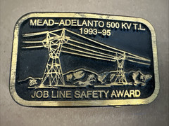 Vtg Solid Brass Belt Buckle Mead-Adelanto 500 KV T.L. Job Line Construction Dyna