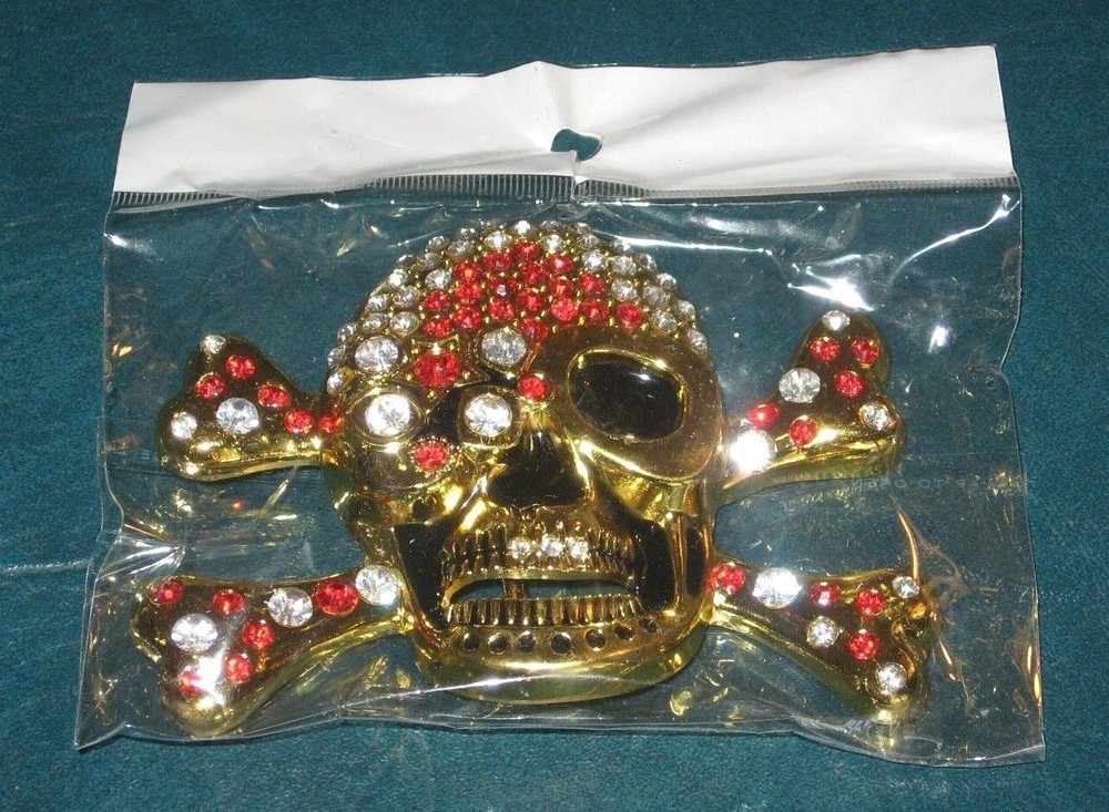 NEW Skull and Cross Bone Belt Buckle with RED Rhinestones & Gold Finish 4&Prime; Wide