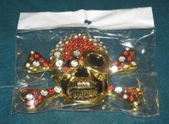 NEW Skull and Cross Bone Belt Buckle with RED Rhinestones & Gold Finish 4&Prime; Wide