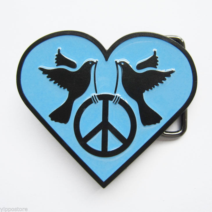 Blue Heart Peace Sign Doves Metal Belt Buckle