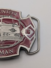Vintage 1979 Volunteer Fireman Belt Buckle Pewter Red Enamel Engine 17