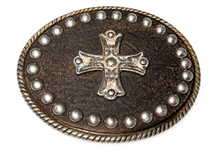 Western Cross Leather Belt Buckle Studded Engraved Oval Made In Spain 2.7 in
