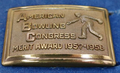 Vintage 1957-1958 American Bowling Congress Merit Award Brass Belt Buckle w Case