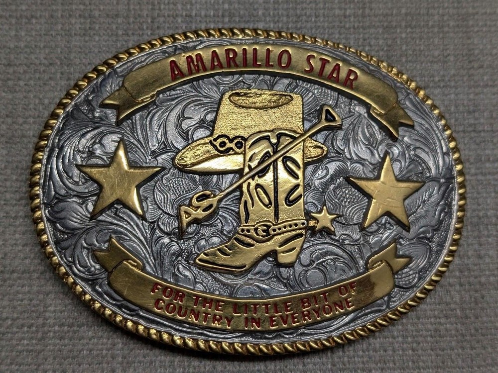 vintage WESTERN belt buckle AMARILLO STAR creative casting COWBOY rodeo ENGRAVED