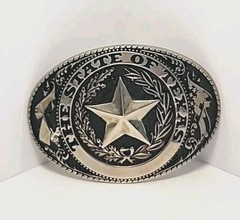 Vintage Sliver Tone The State of Texas Belt Buckle 3.75&Prime; Western Oval Star -jj