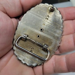 Vintage Silver Dollar Coin Gem Stone Holder Prong Belt Buckle Black Inlay Oval