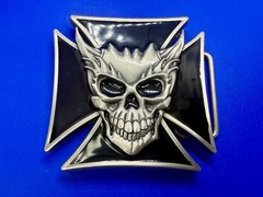 Devil Skull Maltese Cross Enamel Gothic Punk Pewter A-9 Siskiyou Belt Buckle