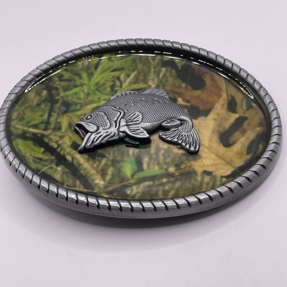 CAMO Big-Mouth Bass BELT BUCKLE Metal Western Fishing USA Camouflage Silver Tone