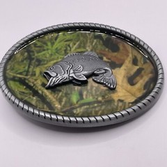 CAMO Big-Mouth Bass BELT BUCKLE Metal Western Fishing USA Camouflage Silver Tone