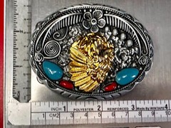 Native American Indian Chief in Head Dress Faux Turquoise & Coral Belt Buckle