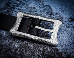 One-off customized 1.5” Damascus Steel Buckle With English Bridal Leather Belt