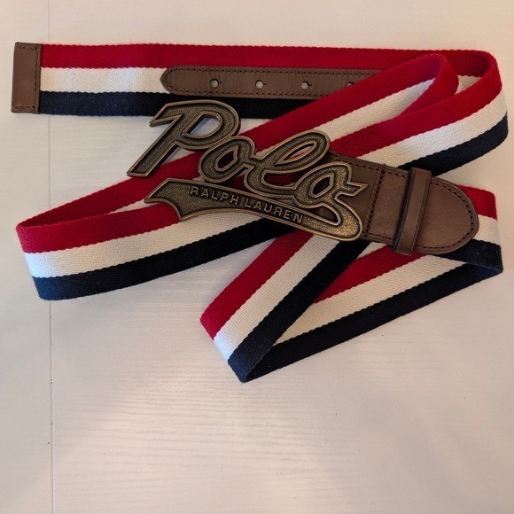 Polo Ralph Lauren Striped Canvas Leather Belt Script Logo Buckle Red White Blue