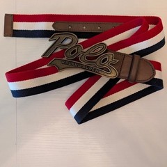 Polo Ralph Lauren Striped Canvas Leather Belt Script Logo Buckle Red White Blue