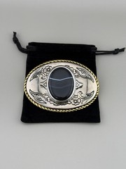 Black Banded Agate Western Belt Buckle Gold Rope Trim Floral Scroll