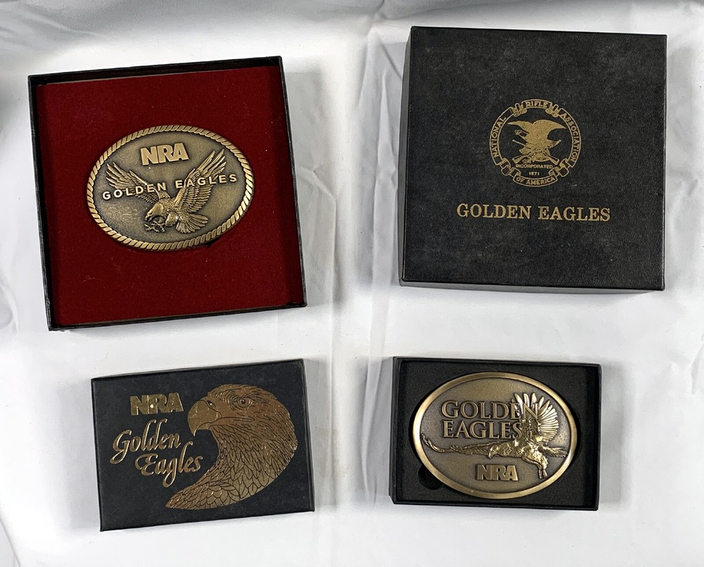 2 NRA National Rifle Association Brass Belt Buckles Golden Eagles in Boxes