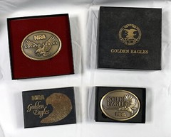 2 NRA National Rifle Association Brass Belt Buckles Golden Eagles in Boxes