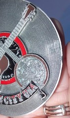 Music City USA Metal Belt Buckle By Jimm Watson Vintage Dated 1974 Record Guitar