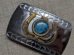 vintage HORSESHOES belt buckle CHROME turquoise stone WESTERN cowboy