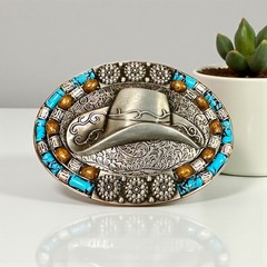 Western Fashion Belt Buckle Men Antique Silver Metal Cowboy Hat Turquoise