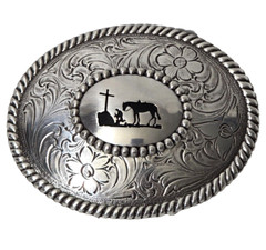 Nocona Belt Buckle Cowboy Horse Prayer Silver-toned Religious Rodeo Leather Belt
