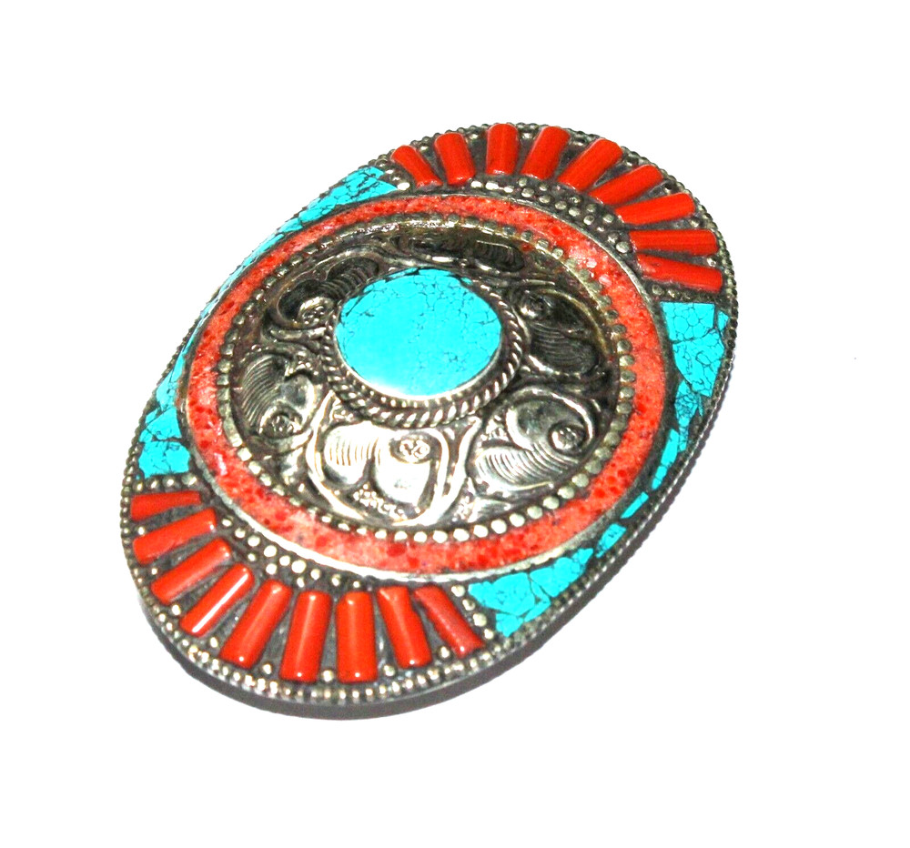Tibetan Turquoise Red Coral Handmade Gemstone Nepali belt buckle Nepali Jewelry