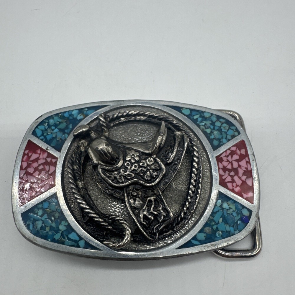Vtg Southwest 3D Rope And Saddle Turquoise Red Coral Chip Inlaid Belt Buckle