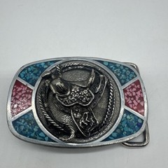 Vtg Southwest 3D Rope And Saddle Turquoise Red Coral Chip Inlaid Belt Buckle
