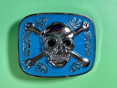Jolly Roger Pirate Skull Head & Crossbones Blue Enamel Colored New Belt Buckle